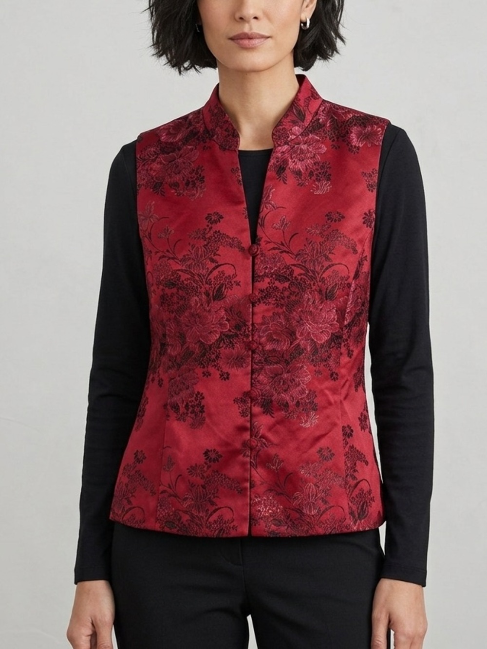 Coldwater Creek Sleeveless Red Satin Brocade Cheongsam Floral Vest Size Large